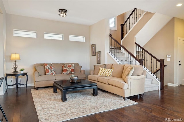 1950 W 67th Ave, Denver, CO 80221 - living area with baseboards, stairs, and dark wood-style floors