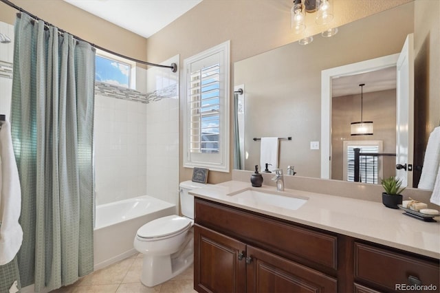 1950 W 67th Ave, Denver, CO 80221 - bathroom featuring toilet, shower / tub combo with curtain, tile patterned flooring, and vanity