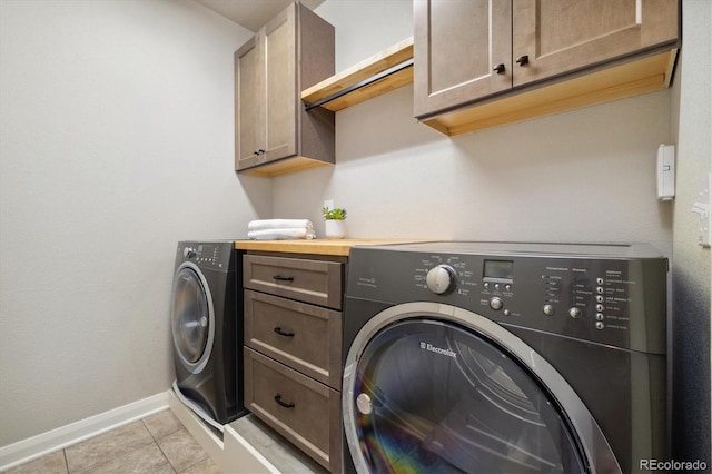 1950 W 67th Ave, Denver, CO 80221 - washroom with washer and dryer, light tile patterned floors, baseboards, and cabinet space