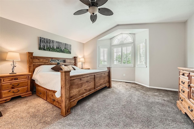 11522 Pine Grove Ln, Parker, CO 80138 - bedroom featuring light colored carpet, vaulted ceiling, a ceiling fan, and baseboards