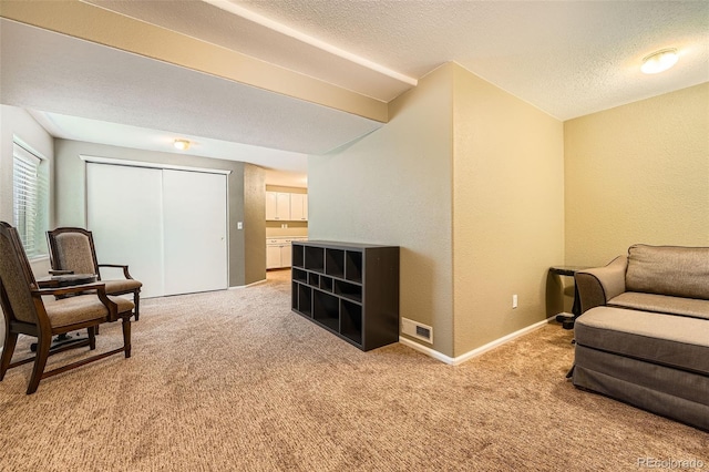 11522 Pine Grove Ln, Parker, CO 80138 - sitting room featuring light colored carpet, a textured wall, baseboards, and a textured ceiling