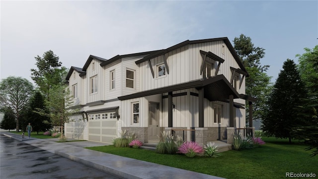 view of front of property featuring stone siding, a front lawn, board and batten siding, and an attached garage