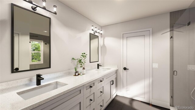 bathroom featuring a sink, double vanity, and a shower stall