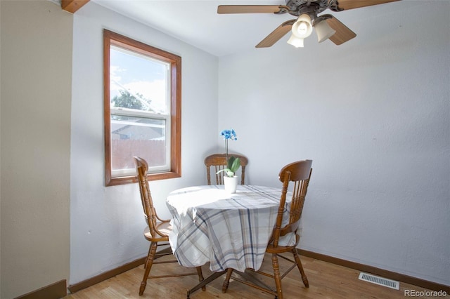 dining area with visible vents, ceiling fan, baseboards, and light wood-style floors