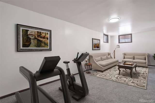 workout room featuring baseboards and carpet floors