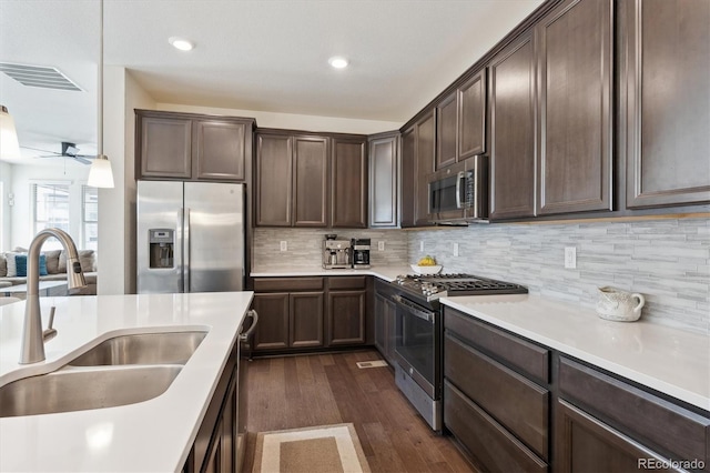 kitchen featuring sink, dark brown cabinets, appliances with stainless steel finishes, dark hardwood / wood-style flooring, and pendant lighting