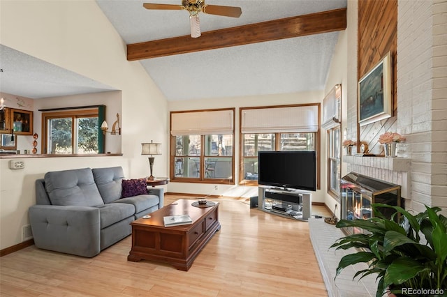 living room with lofted ceiling with beams, a textured ceiling, and wood finished floors