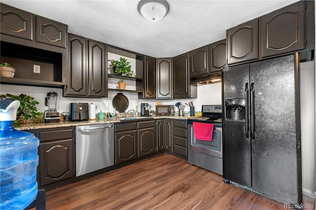 8820 Poze Blvd, Thornton, CO 80229 - kitchen featuring black appliances, open shelves, dark wood-style floors, dark brown cabinets, and a textured ceiling