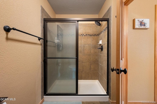 220 Reunion Ct, Fraser, CO 80442 - bathroom featuring a textured wall, a shower stall, and a textured ceiling