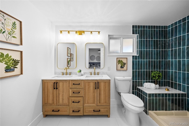 6643 W Roxbury Pl, Littleton, CO 80128 - full bath with double vanity, tile patterned flooring, and a tile shower