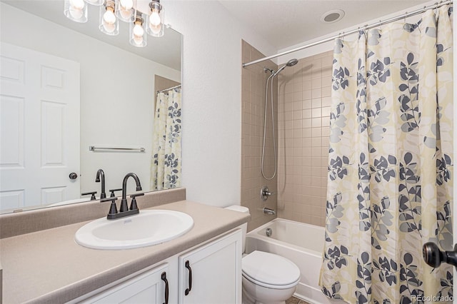 bathroom featuring toilet, vanity, and shower / bath combination with curtain