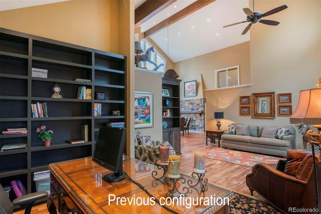 29210 Northstar Ln, Evergreen, CO 80439 - office space featuring high vaulted ceiling, beamed ceiling, ceiling fan, wood finished floors, and built in features
