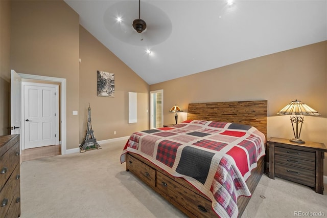 29210 Northstar Ln, Evergreen, CO 80439 - bedroom with high vaulted ceiling, light colored carpet, and a ceiling fan