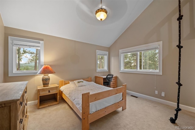 29210 Northstar Ln, Evergreen, CO 80439 - bedroom featuring light carpet, lofted ceiling, and a desk