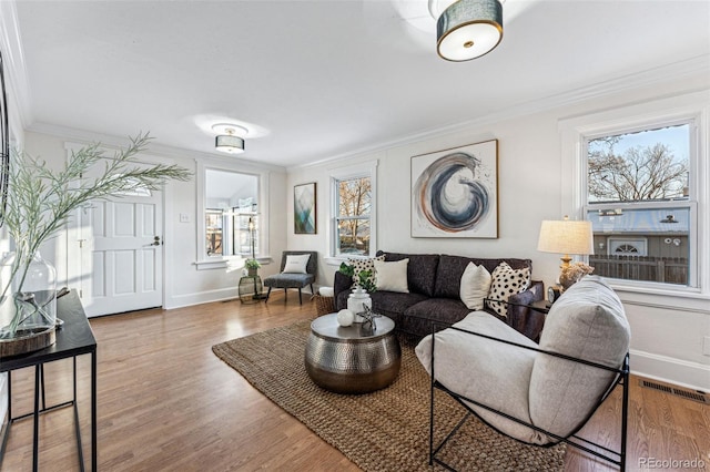 living room featuring wood-type flooring and ornamental molding