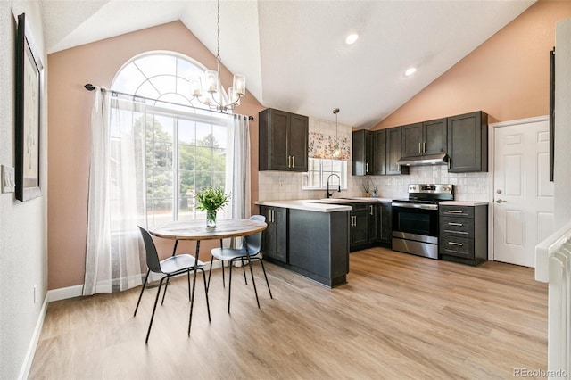 3612 Rosewalk Cir, Highlands Ranch, CO 80129 - kitchen featuring electric range, a chandelier, backsplash, light countertops, and high vaulted ceiling