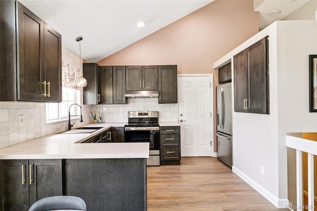 3612 Rosewalk Cir, Highlands Ranch, CO 80129 - kitchen with appliances with stainless steel finishes, a peninsula, light countertops, dark brown cabinets, and backsplash