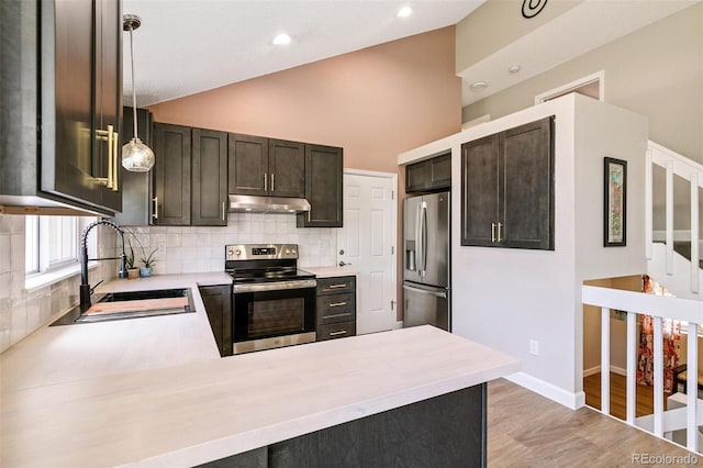 3612 Rosewalk Cir, Highlands Ranch, CO 80129 - kitchen with stainless steel appliances, under cabinet range hood, decorative backsplash, light countertops, and a peninsula