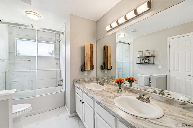 3612 Rosewalk Cir, Highlands Ranch, CO 80129 - full bath featuring marble look tile flooring, enclosed tub / shower combo, and double vanity