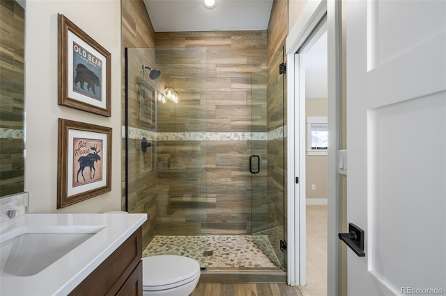 full bath featuring toilet, a shower stall, and vanity