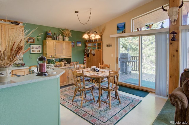 91 Canteen Way, Hartsel, CO 80449 - dining space featuring healthy amount of natural light, a chandelier, and vaulted ceiling