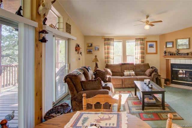 91 Canteen Way, Hartsel, CO 80449 - living area with a ceiling fan, healthy amount of natural light, a fireplace, and vaulted ceiling