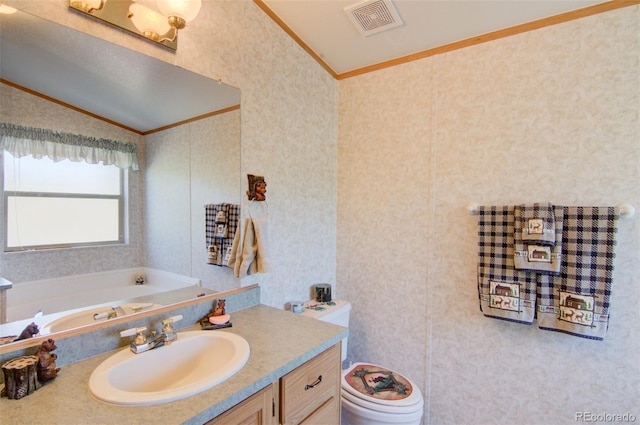 91 Canteen Way, Hartsel, CO 80449 - full bathroom featuring crown molding, vanity, a garden tub, wallpapered walls, and lofted ceiling