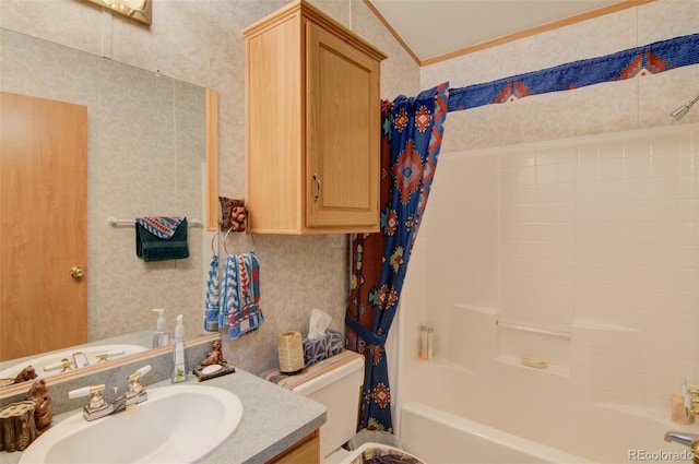 91 Canteen Way, Hartsel, CO 80449 - full bathroom featuring vanity, shower / bathtub combination with curtain, wallpapered walls, and crown molding