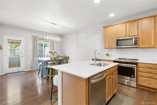 12973 Grant Cir E Unit A, Thornton, CO 80241 - kitchen featuring stainless steel appliances, a sink, dark wood-style floors, light countertops, and an island with sink