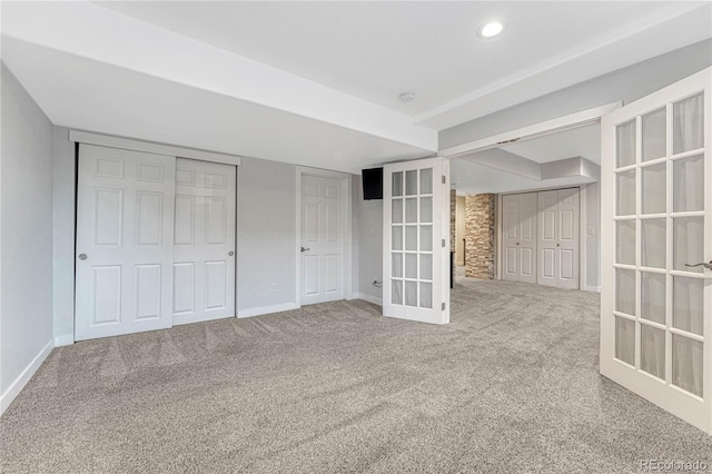 unfurnished bedroom with recessed lighting, baseboards, carpet flooring, and french doors