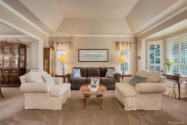 2359 Indian Paintbrush Cir, Highlands Ranch, CO 80129 - carpeted living area featuring a raised ceiling, crown molding, and vaulted ceiling