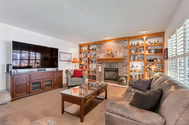 2359 Indian Paintbrush Cir, Highlands Ranch, CO 80129 - living room with carpet flooring, a brick fireplace, and built in shelves