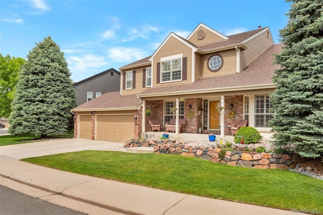 2359 Indian Paintbrush Cir, Highlands Ranch, CO 80129 - traditional-style home featuring driveway, a front yard, a shingled roof, and covered porch