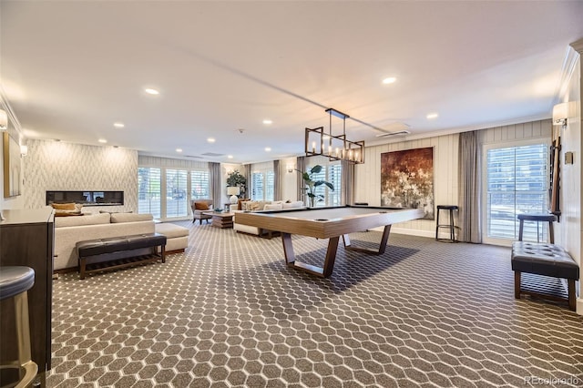 130 N Pearl St Unit 1001, Denver, CO 80203 - rec room with billiards, ornamental molding, recessed lighting, and carpet floors