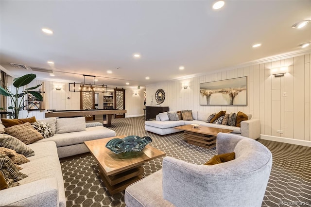130 N Pearl St Unit 1001, Denver, CO 80203 - carpeted living room with visible vents, ornamental molding, baseboards, recessed lighting, and billiards