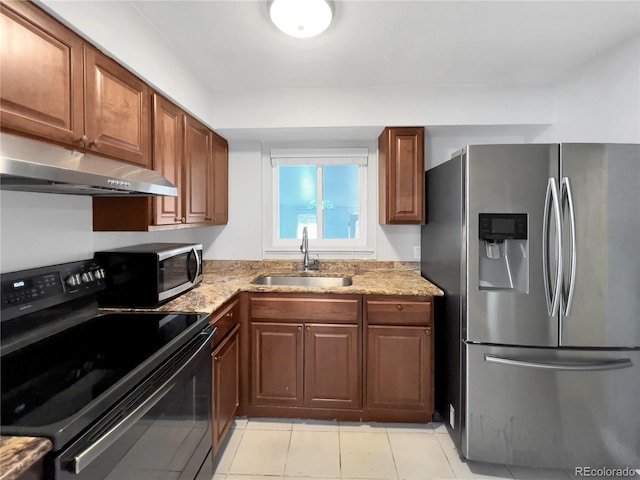 828 Mariposa St, Denver, CO 80204 - kitchen with appliances with stainless steel finishes, under cabinet range hood, a sink, and brown cabinetry