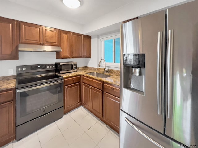 828 Mariposa St, Denver, CO 80204 - kitchen with appliances with stainless steel finishes, a sink, under cabinet range hood, and brown cabinets