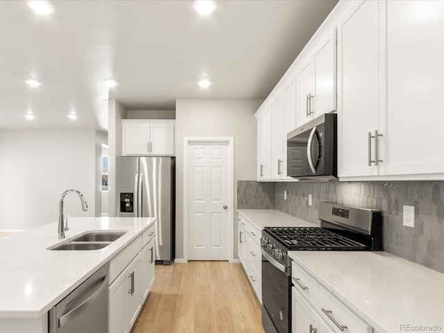 kitchen with sink, white cabinetry, light wood-type flooring, appliances with stainless steel finishes, and backsplash