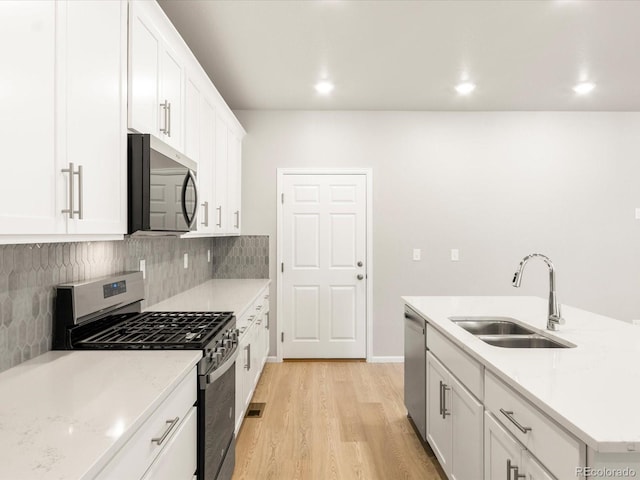 kitchen with white cabinetry, appliances with stainless steel finishes, sink, and light hardwood / wood-style floors