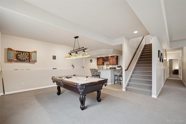 playroom featuring light carpet, wet bar, billiards table, baseboards, and recessed lighting