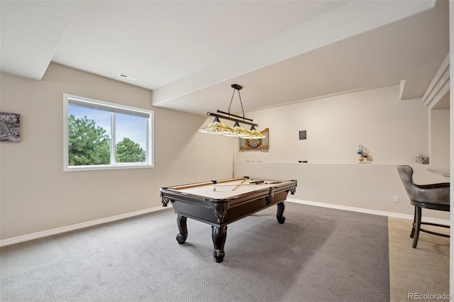 rec room featuring baseboards, pool table, and carpet flooring