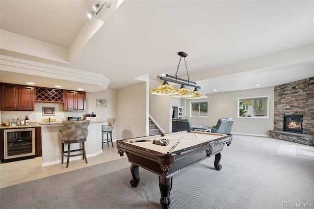 playroom with wine cooler, bar with sink, billiards table, light colored carpet, and recessed lighting