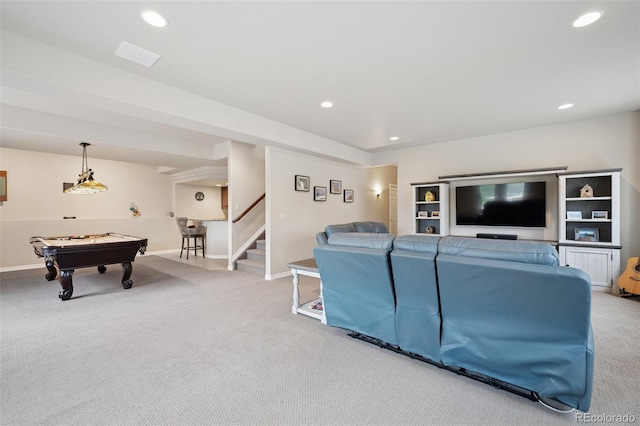 carpeted living room featuring billiards table, stairs, recessed lighting, and baseboards