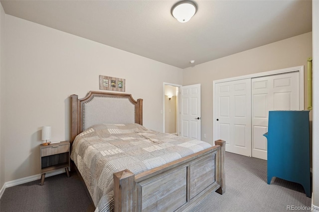bedroom featuring carpet flooring, a closet, and baseboards