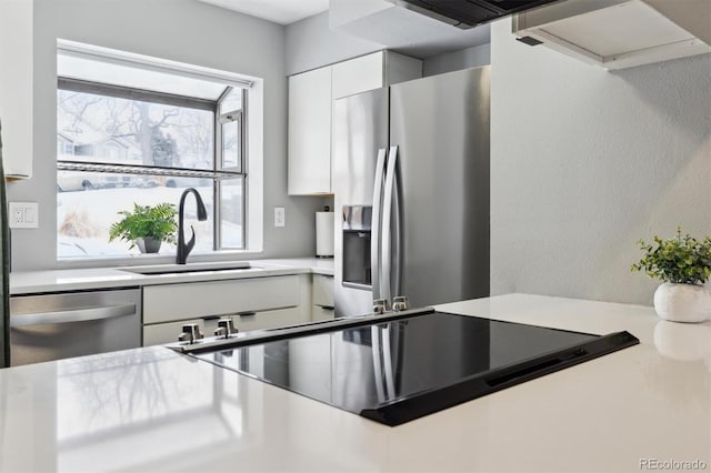 kitchen with white cabinetry, stainless steel appliances, a sink, and light countertops