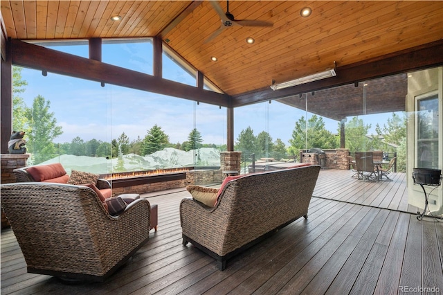 12665 S Robinson Ranch Ct, Parker, CO 80134 - wooden terrace featuring area for grilling, an outdoor living space, and a ceiling fan