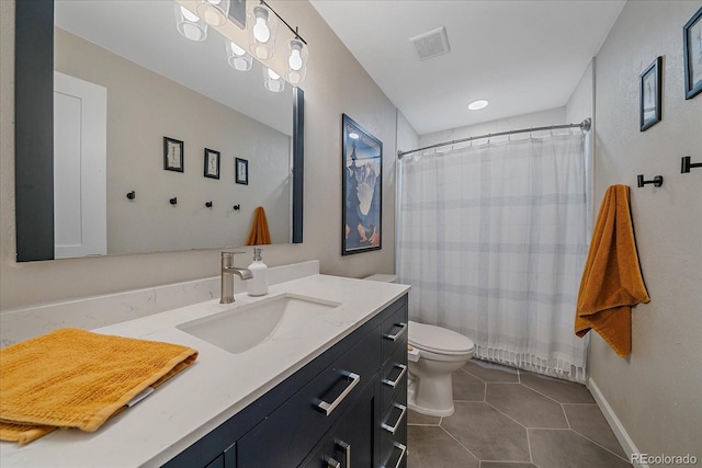 bathroom with vanity, a shower with shower curtain, tile patterned floors, and toilet