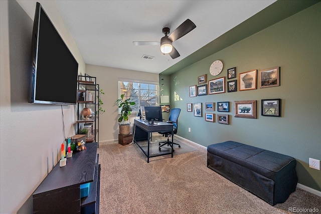 office featuring carpet flooring and ceiling fan