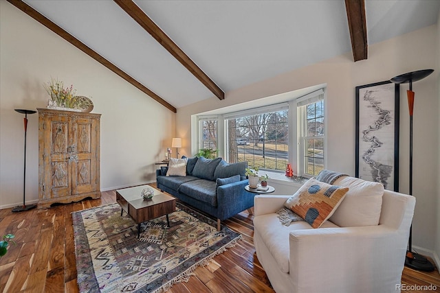 living room with high vaulted ceiling, dark hardwood / wood-style floors, and beam ceiling