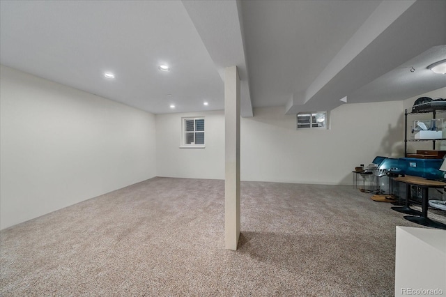 basement with carpet flooring